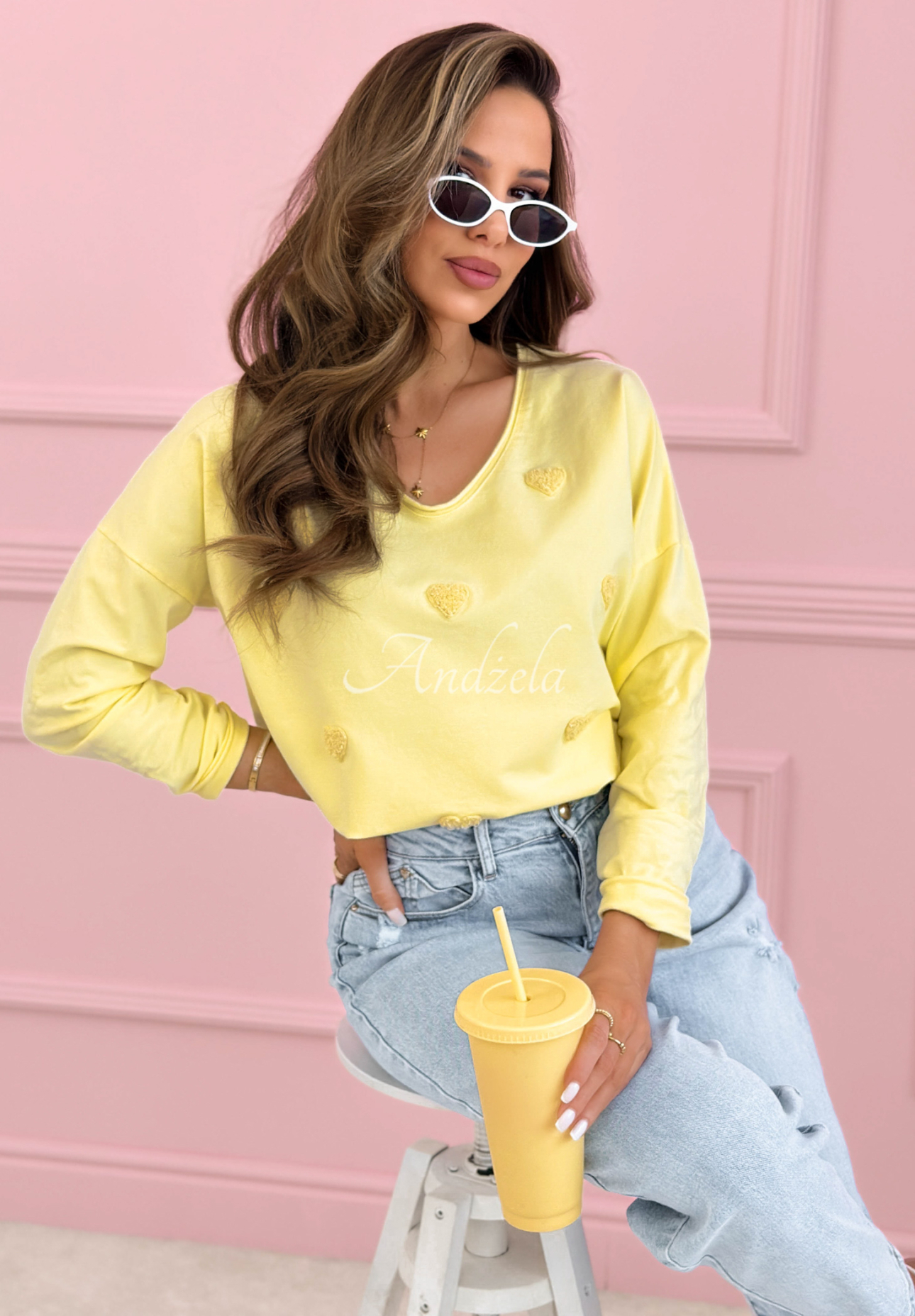 Bawełniana bluzka longsleeve z serduszkami Close To Heart żółta