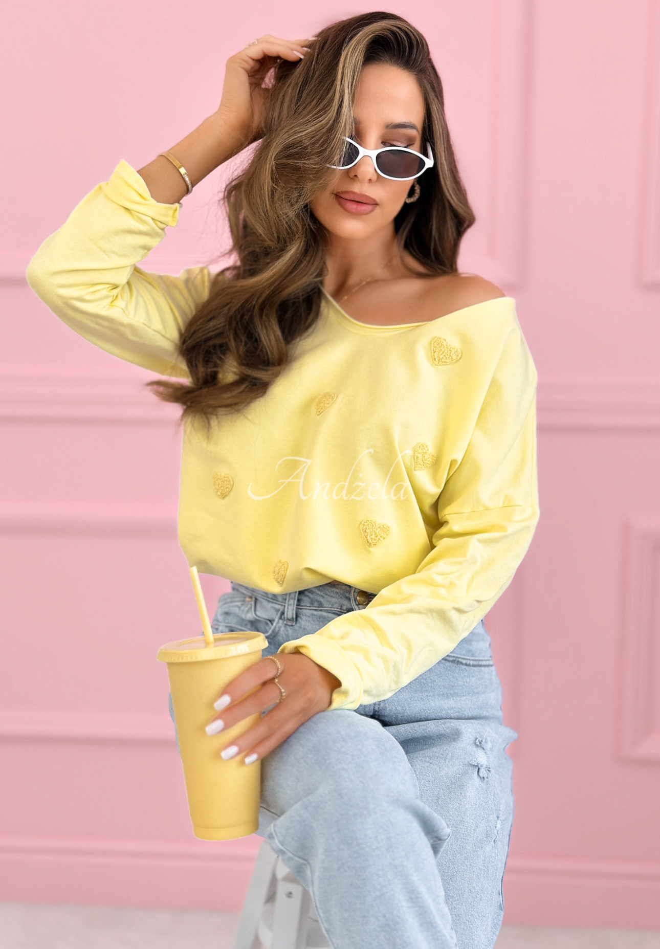 Bawełniana bluzka longsleeve z serduszkami Close To Heart żółta