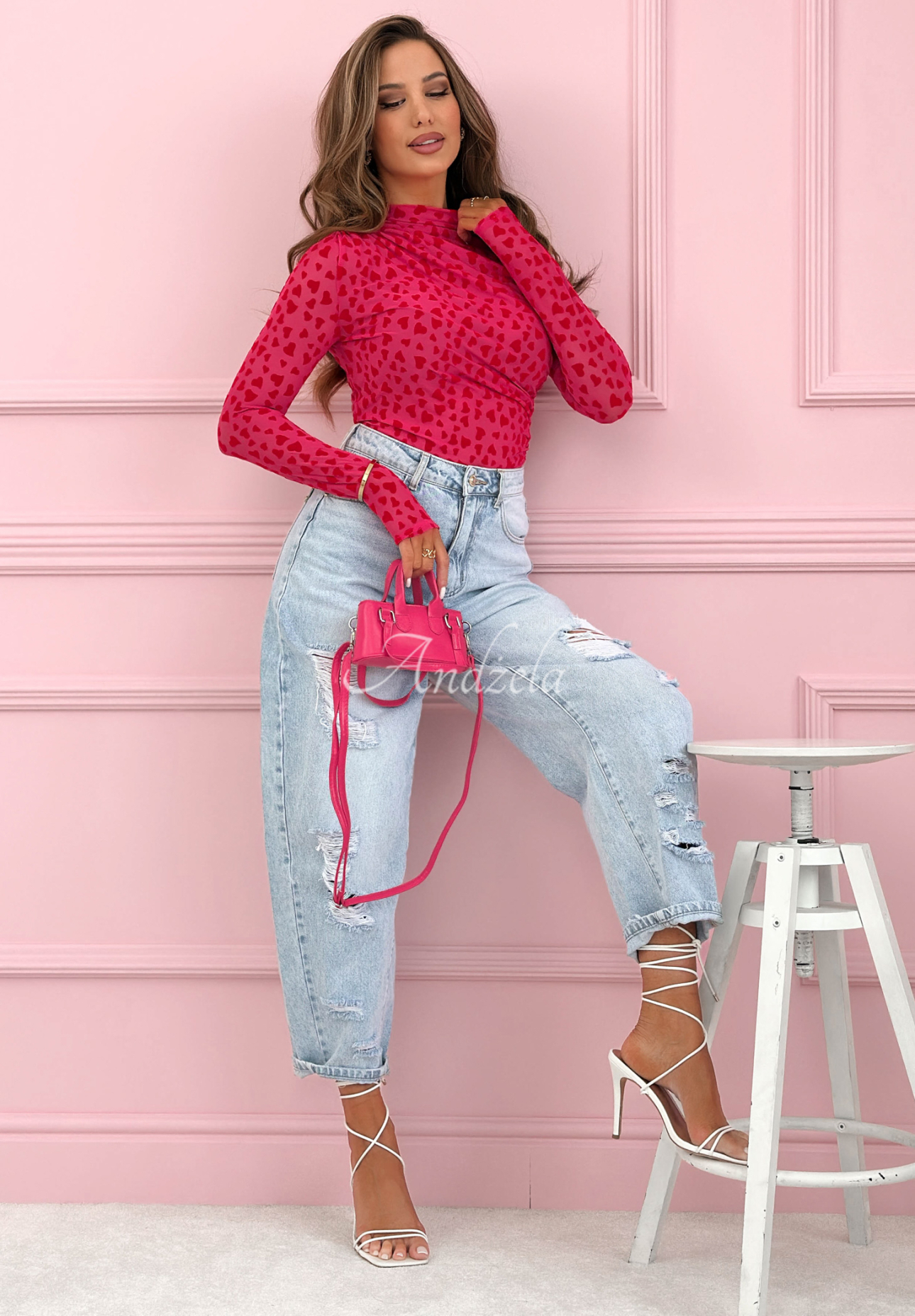 Mesh long-sleeved bodysuit with a turtleneck and heart print Broke My Heart pink