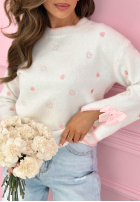 Sweter z haftowanymi serduszkami i kokardkami Romantic Bows ecru