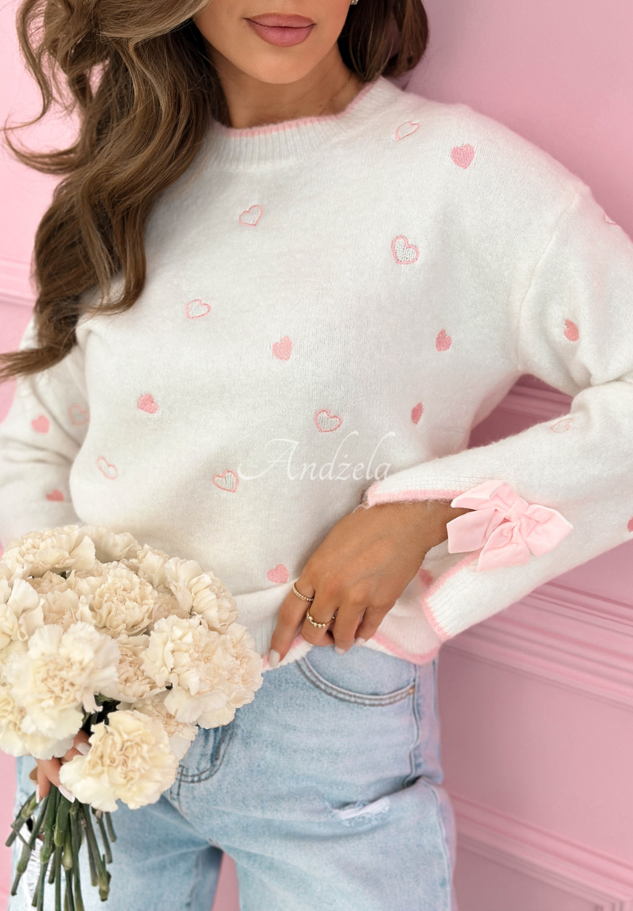 Romantic Bows ecru sweater with hearts, wool and viscose