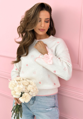 Romantic Bows ecru sweater with hearts, wool and viscose