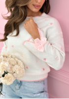 Sweter z haftowanymi serduszkami i kokardkami Romantic Bows ecru