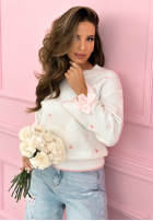 Sweter z haftowanymi serduszkami i kokardkami Romantic Bows ecru