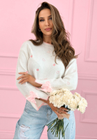 Sweter z haftowanymi serduszkami i kokardkami Romantic Bows ecru