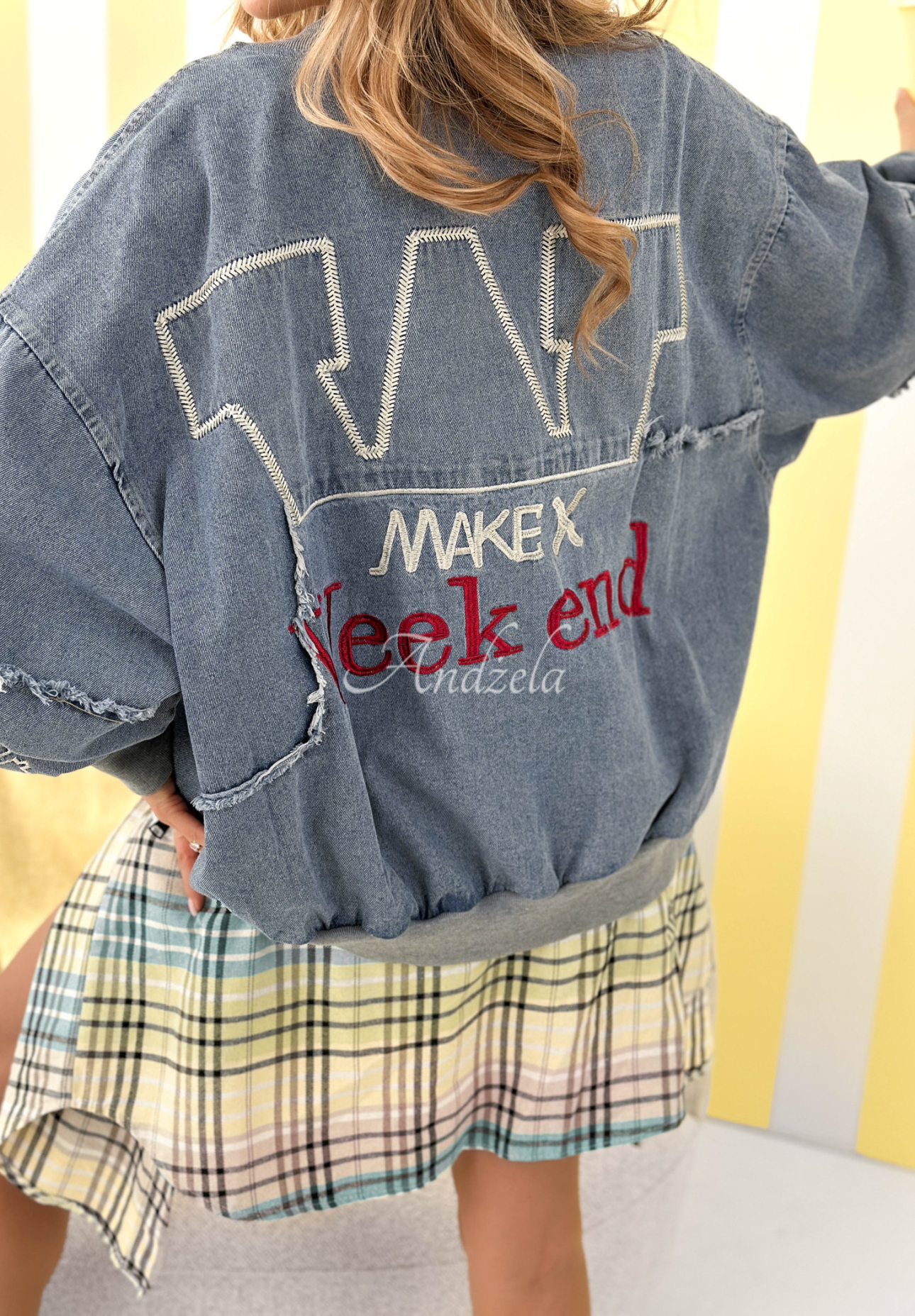 Oversized denim jacket with Nothing Is Impossible patches, light blue