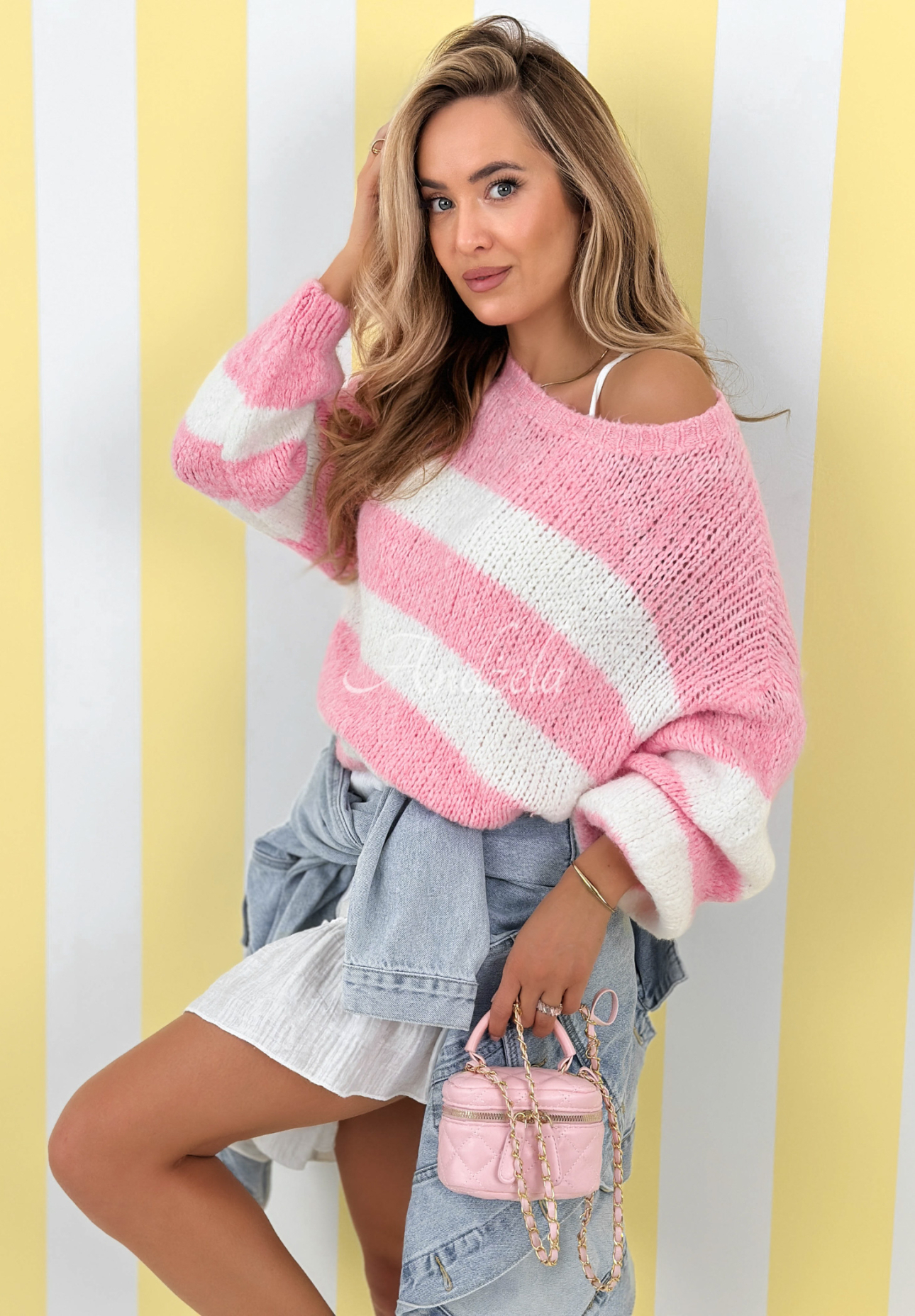 Strawberry Lollipop white and pink striped sweater with wool and viscose