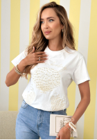 Bawełniany T-shirt z nadrukiem i perełkami Ocean Feeling biały