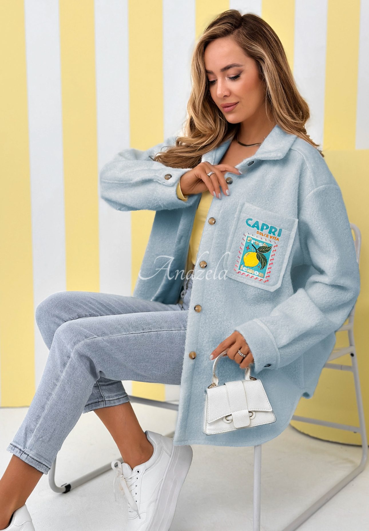 Sheepskin jacket with prints and wool Capri Dolce Vita sky blue 