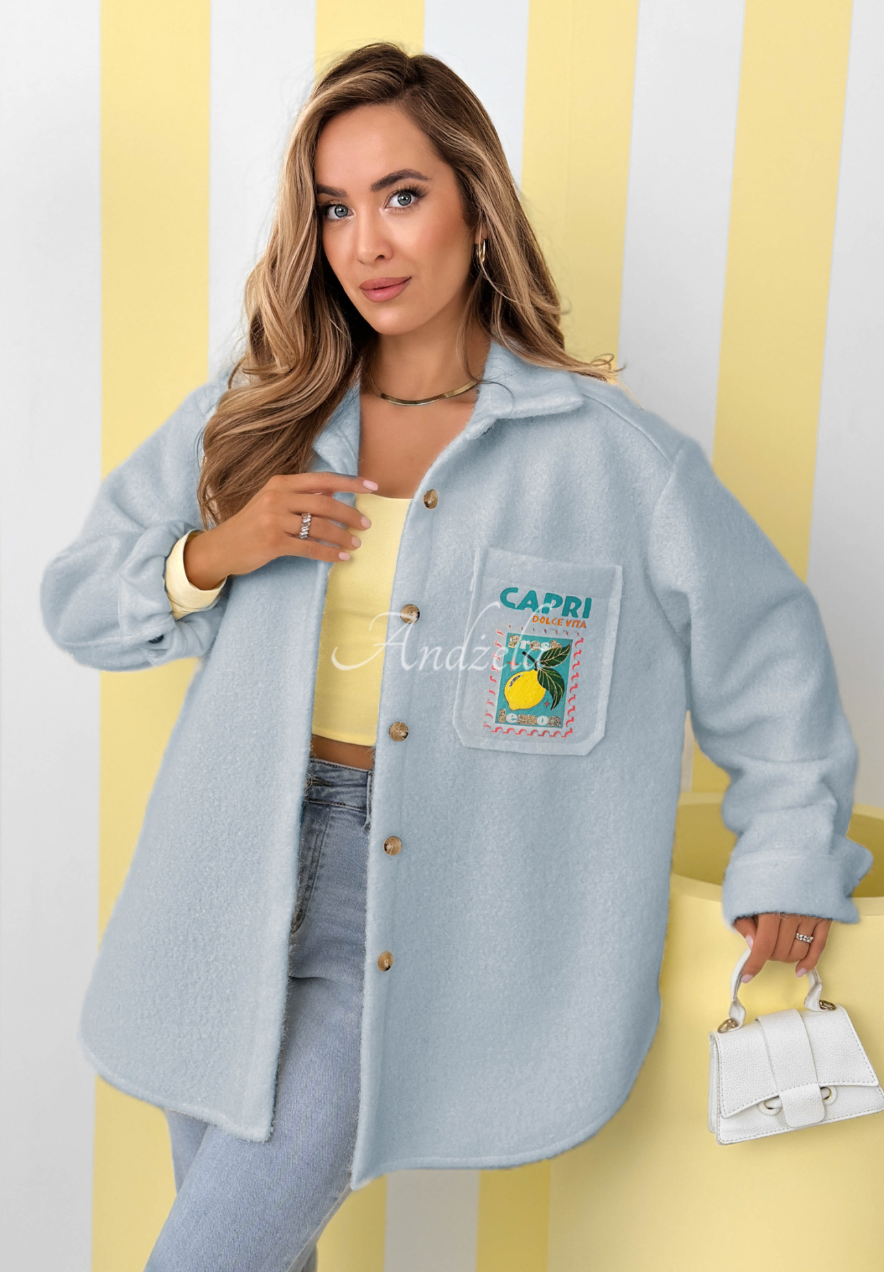 Sheepskin jacket with prints and wool Capri Dolce Vita sky blue 