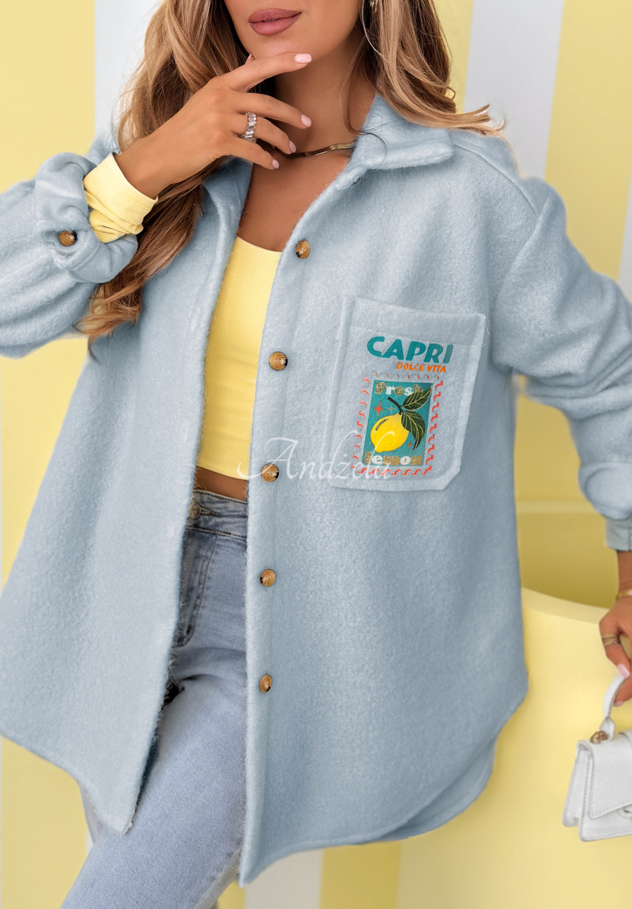 Sheepskin jacket with prints and wool Capri Dolce Vita sky blue 