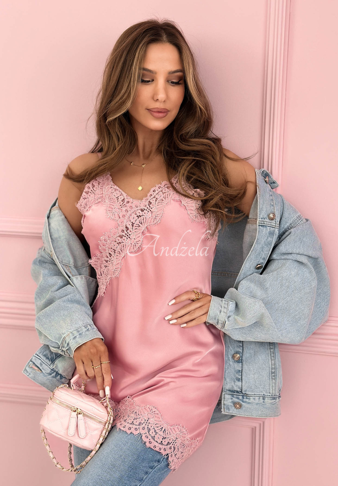 Satin top with lace and asymmetrical hem Seductive Lace powder pink