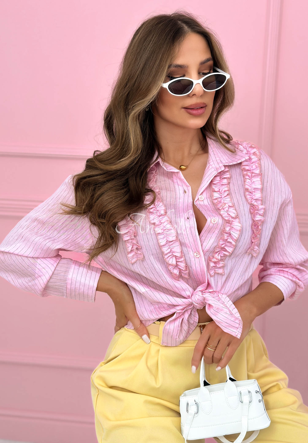 Striped lyocell shirt with ruffles Spring Garden Party powder pink