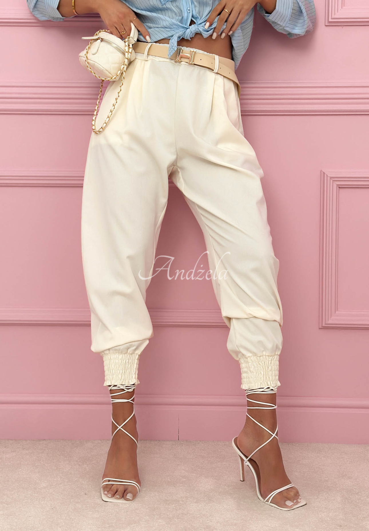 Materiałowe spodnie z wiskozą ze ściągaczami Get Ready ecru