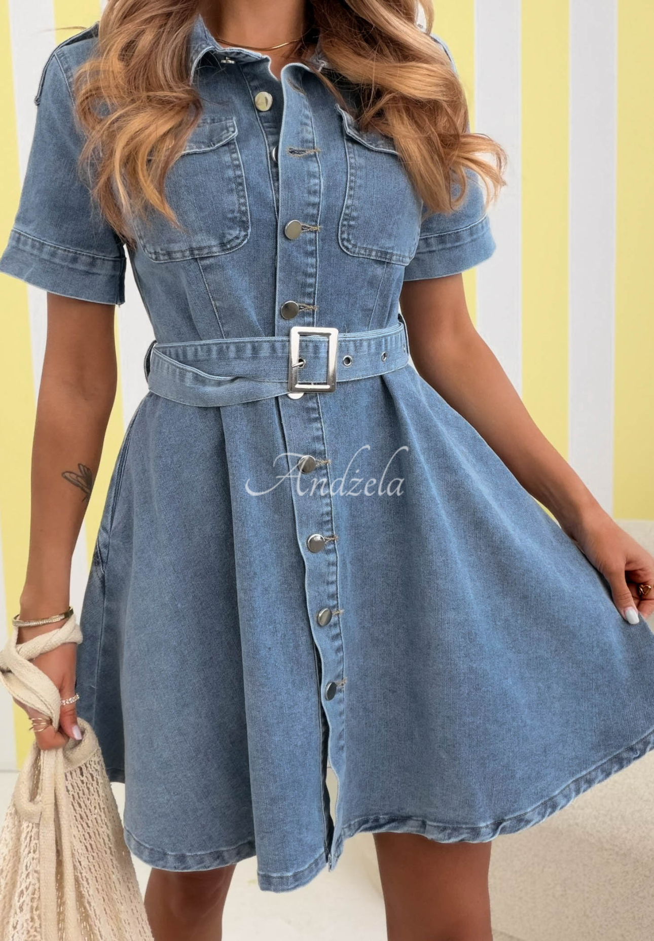 Denim flared dress with belt Natural Glow light blue
