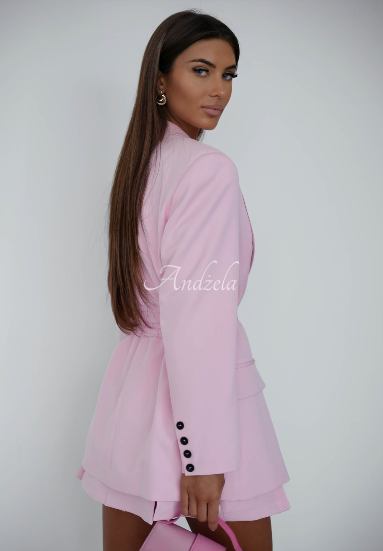 She Believed It powder pink jacket with tie