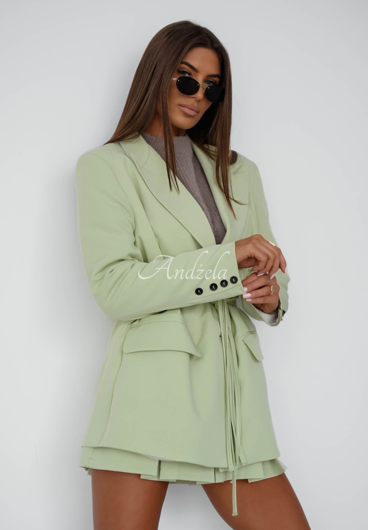 She Believed It pistachio jacket with tie