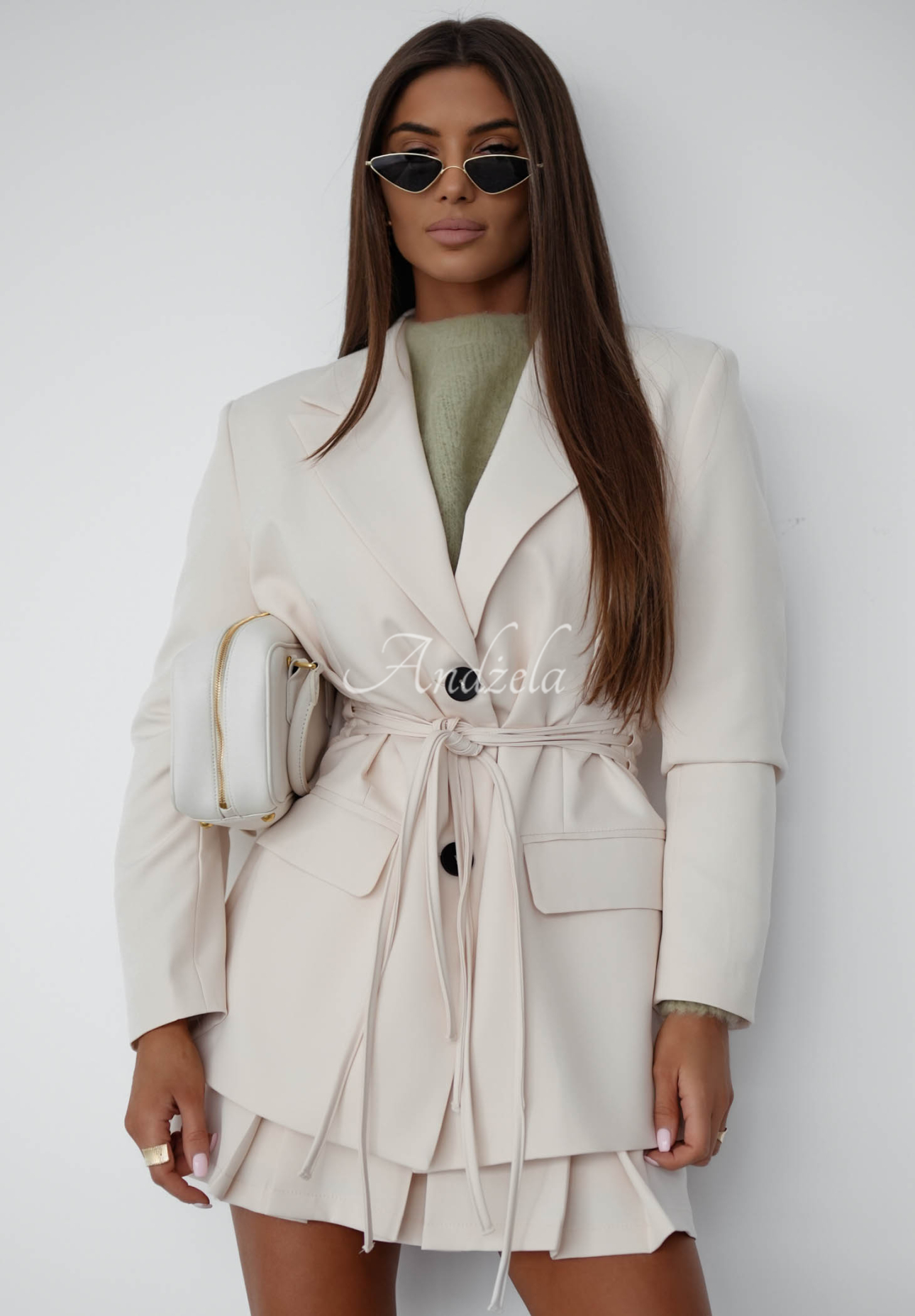 She Believed It beige jacket with tie