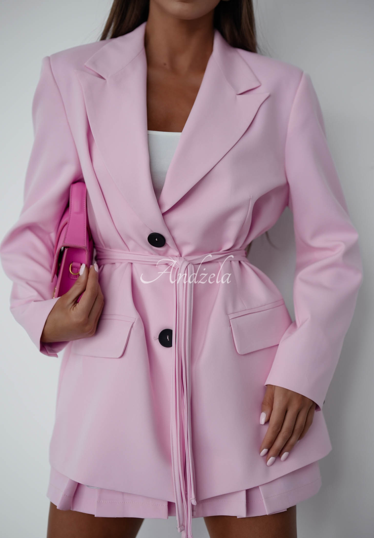 She Believed It powder pink jacket with tie