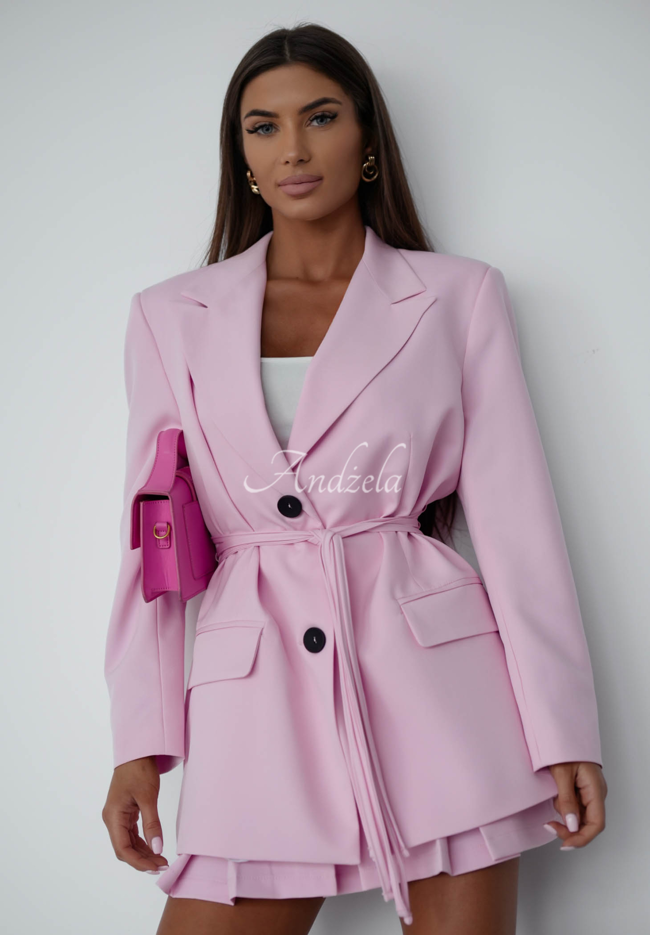 She Believed It powder pink jacket with tie