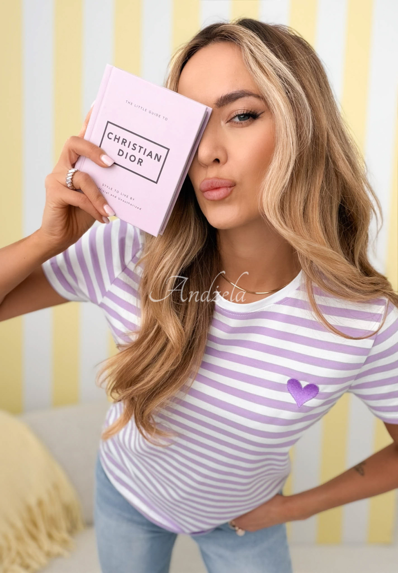 Striped T-shirt with Love Spell heart, white and lilac
