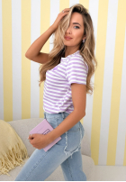 T-shirt w paski z serduszkiem Love Spell biało-liliowy