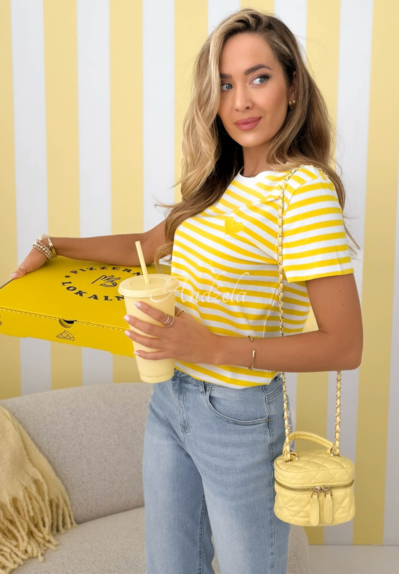 Striped T-shirt with Love Spell heart, white and yellow