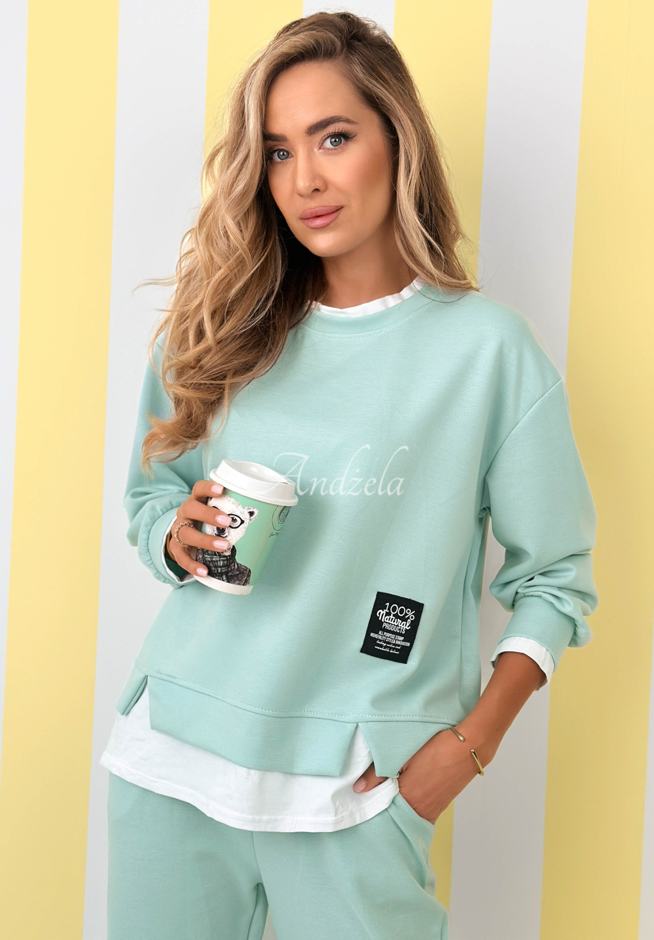 Viscose tracksuit set, sweatshirt and butter-colored pants, Why Not Me, green