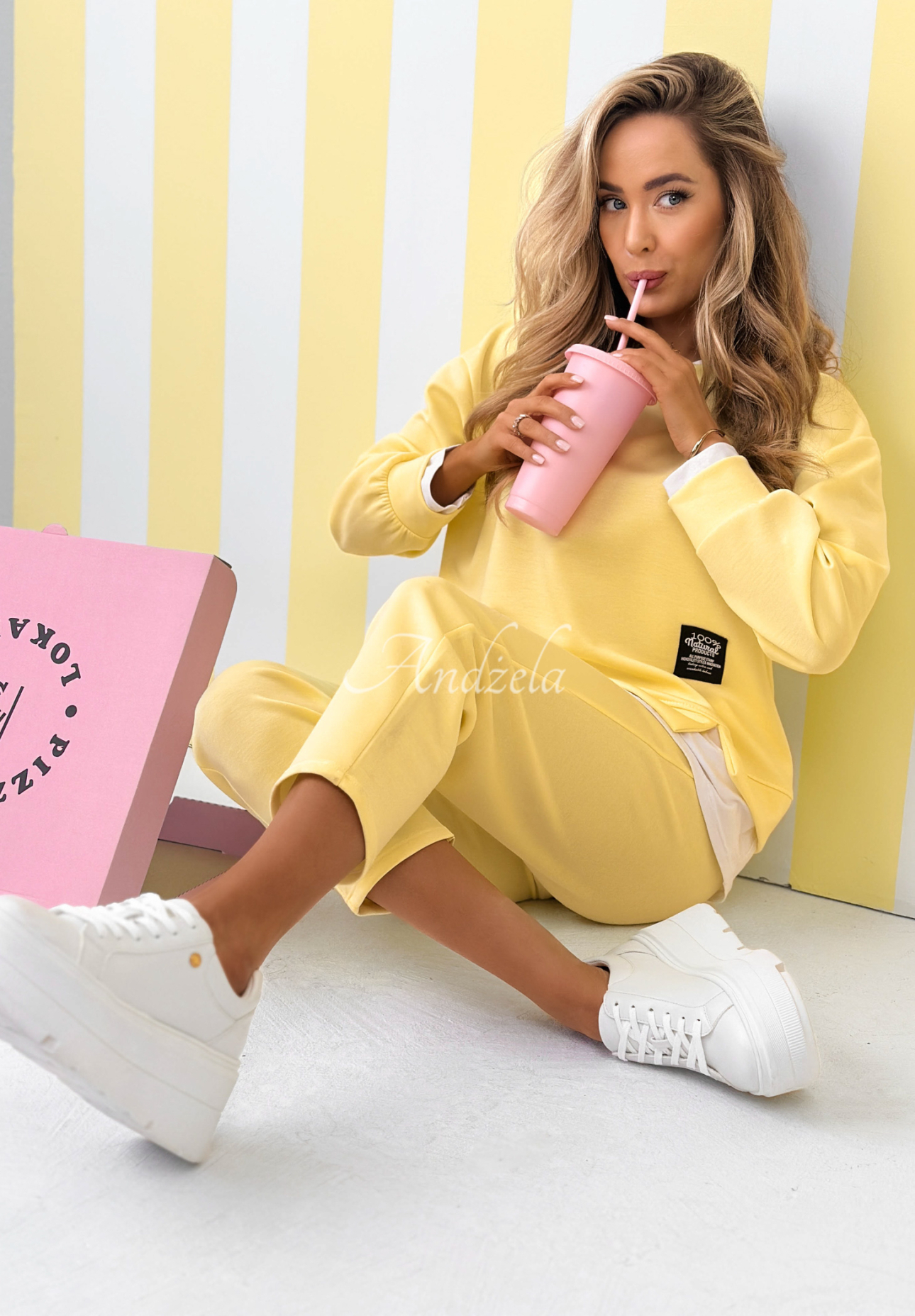 Viscose tracksuit set, sweatshirt and butter-colored pants, Why Not Me, yellow