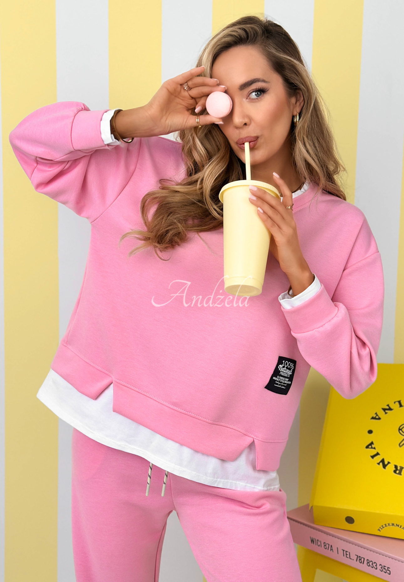 Viscose tracksuit set, sweatshirt and butter-colored pants, Why Not Me, pink