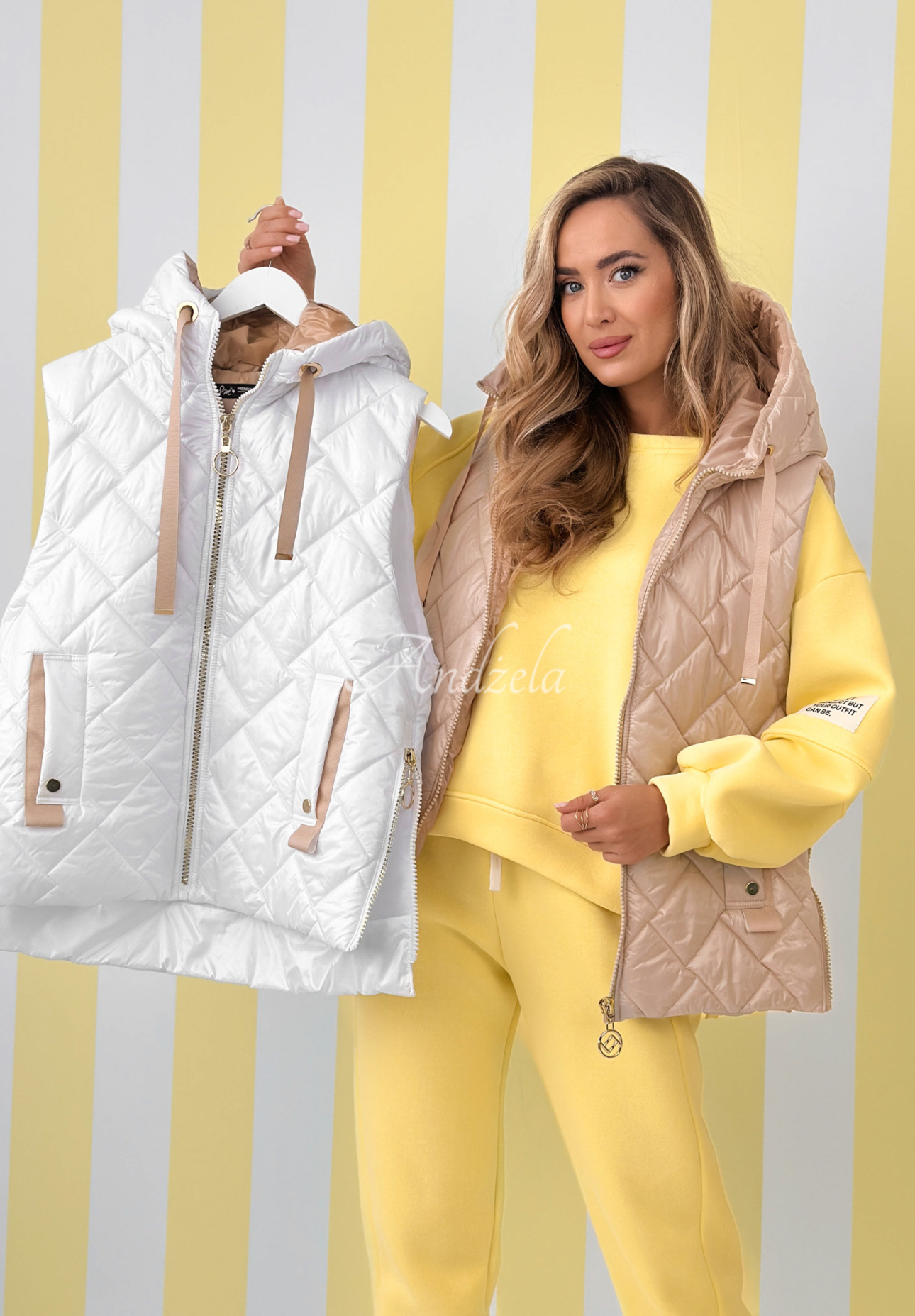 Pikowana kamizelka z kapturem Spring Touch beżowa