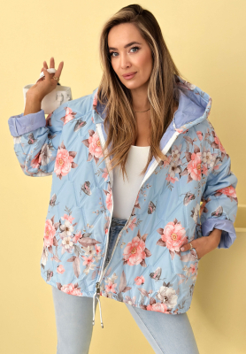 Short quilted jacket with hood in blue Begonia flowers