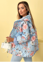 Krótka pikowana kurtka z kapturem w kwiaty Begonia błękitna