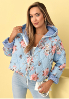 Krótka pikowana kurtka z kapturem w kwiaty Begonia błękitna