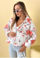 Krótka pikowana kurtka z kapturem w kwiaty Begonia błękitna