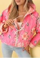 Krótka pikowana kurtka z kapturem w kwiaty Begonia błękitna