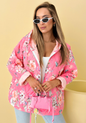 Short quilted jacket with hood in pink Begonia floral print