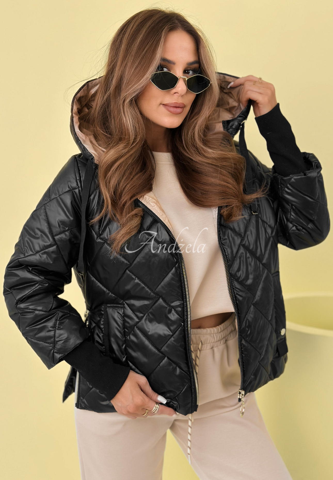 Hello Spring quilted hooded jacket, black 