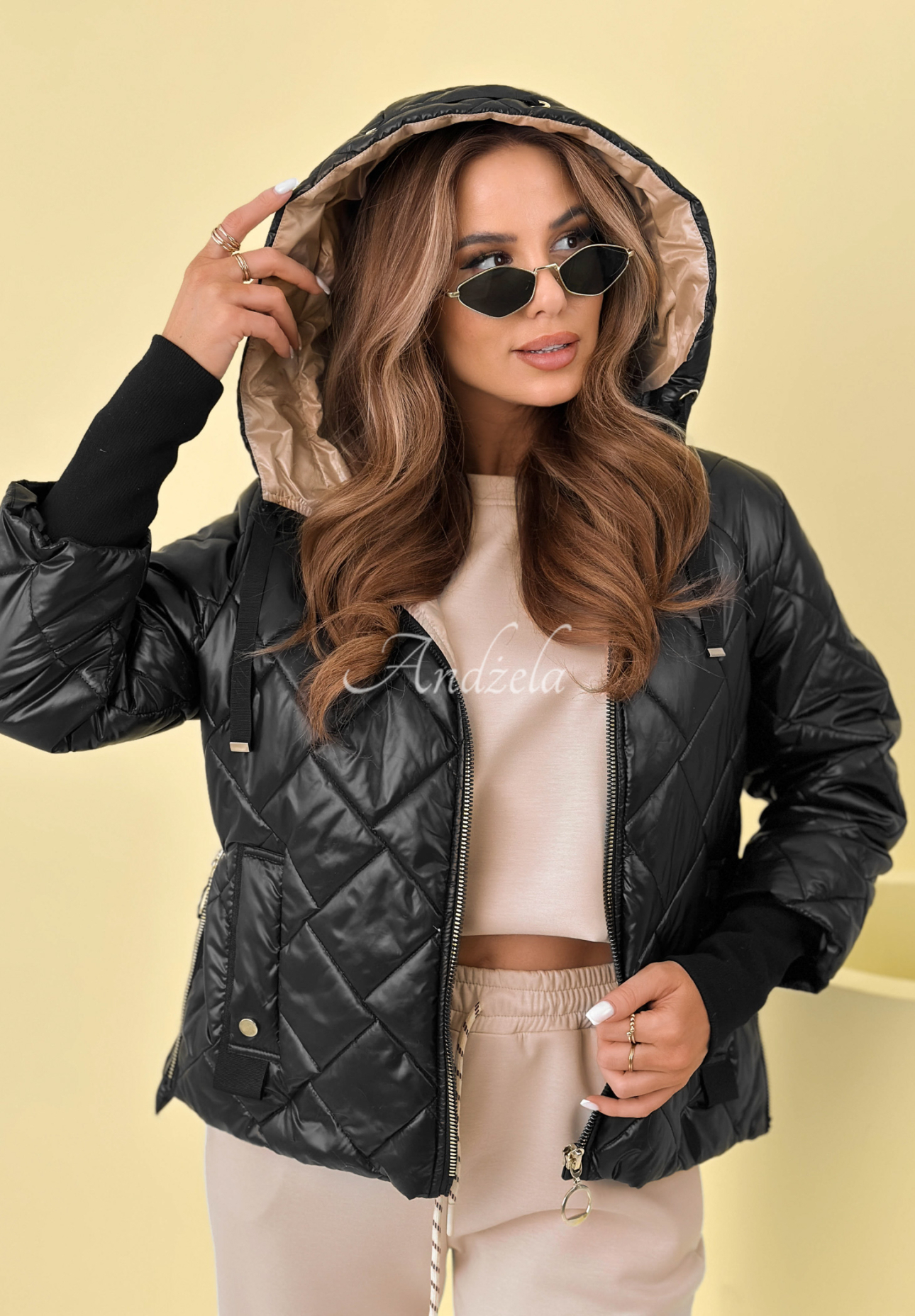 Hello Spring quilted hooded jacket, black 