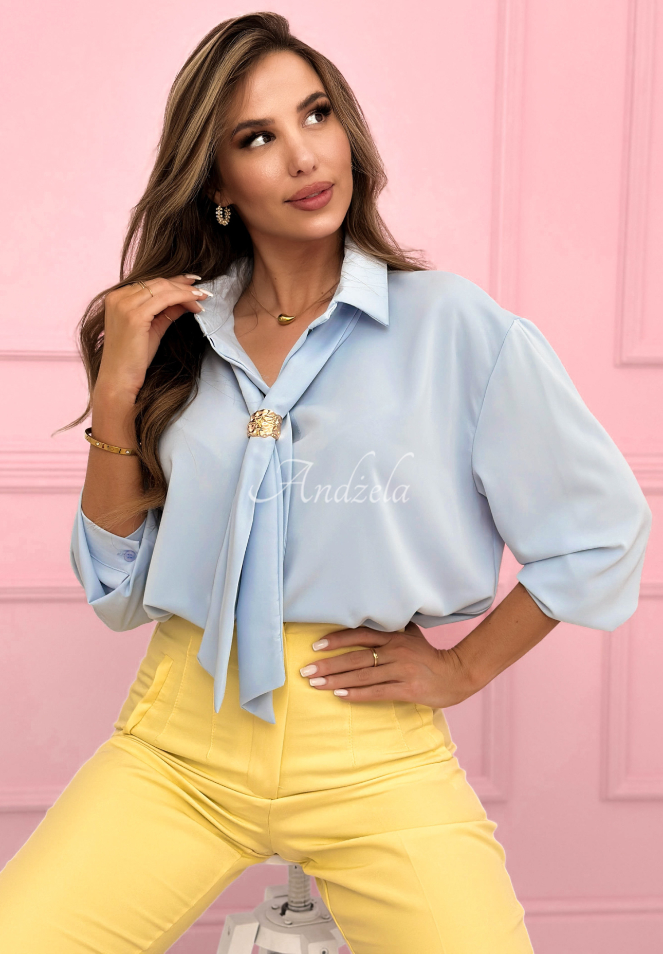 Elegancka koszula z wiązaniem Fresh Tulips błękitna