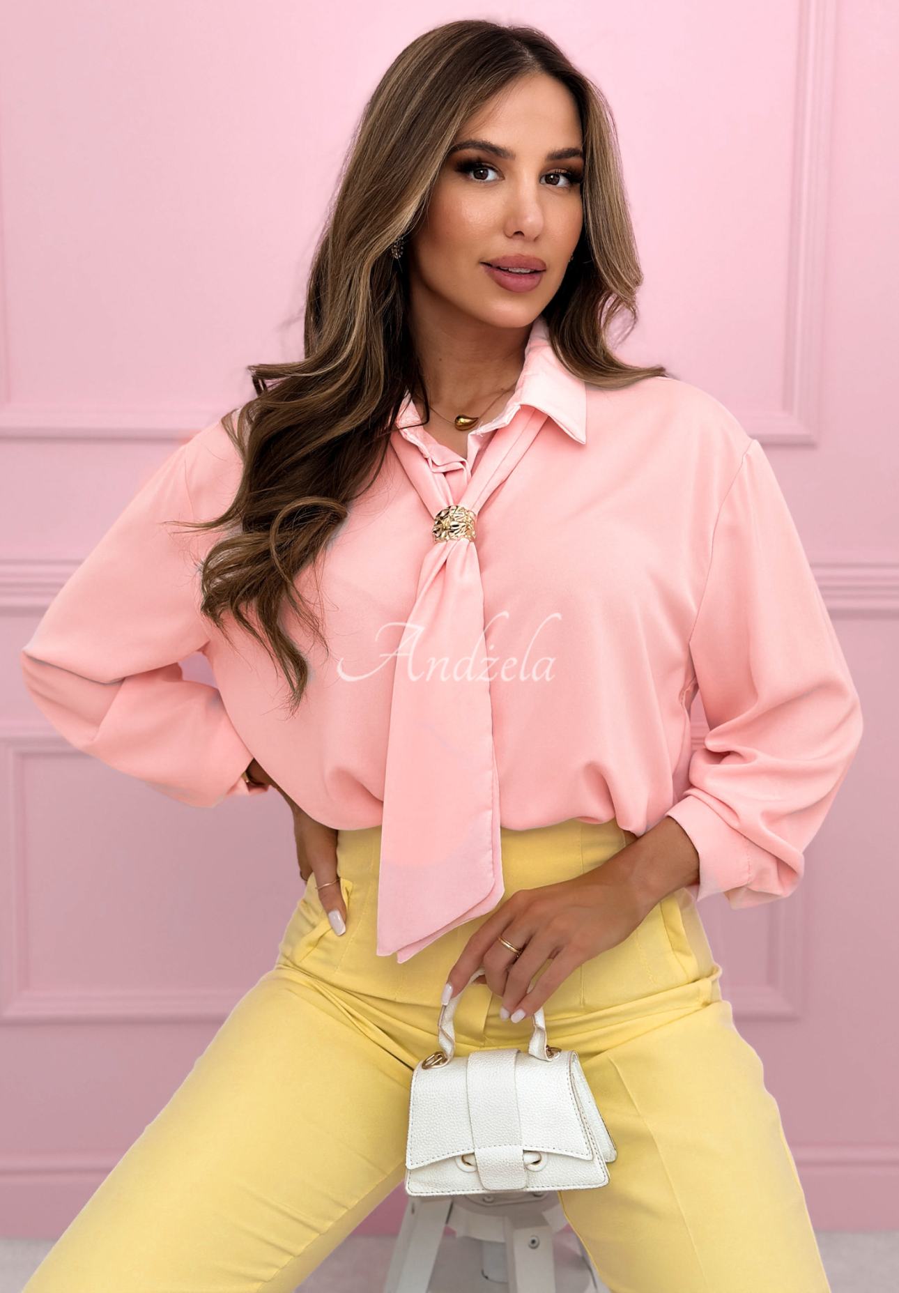 Elegant shirt with tie Fresh Tulips powder pink