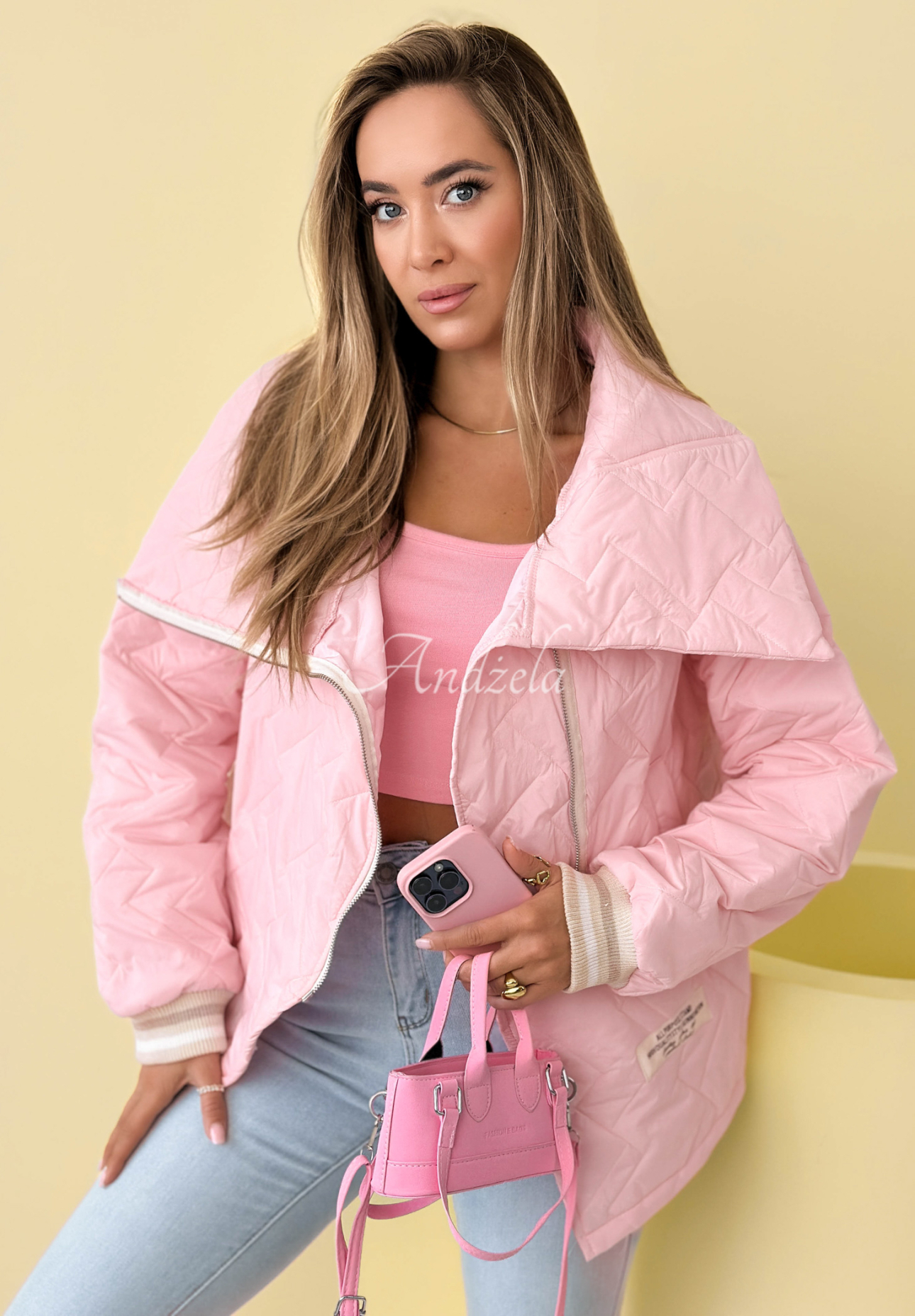 Where Are We quilted jacket with collar, pink
