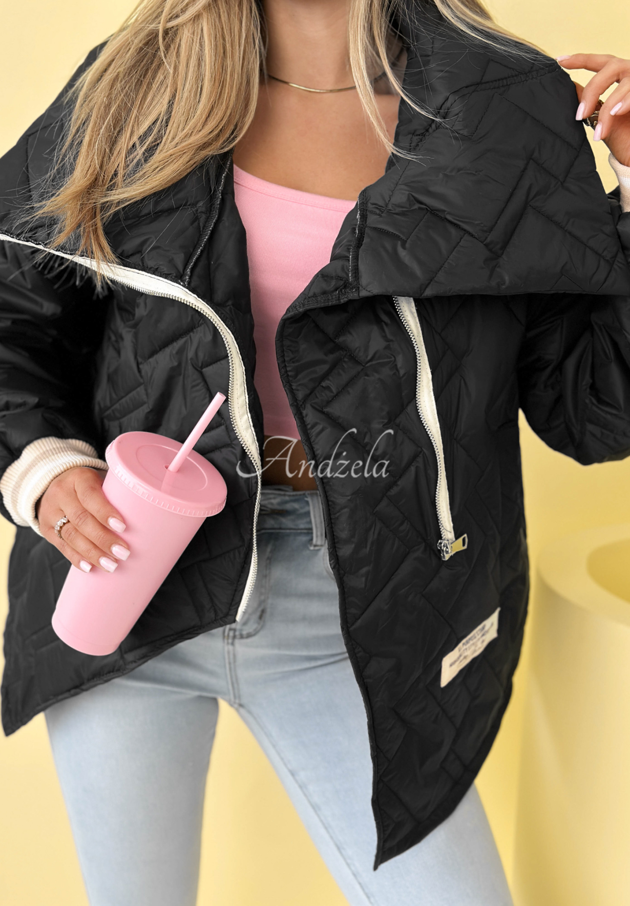 Where Are We quilted jacket with collar, black