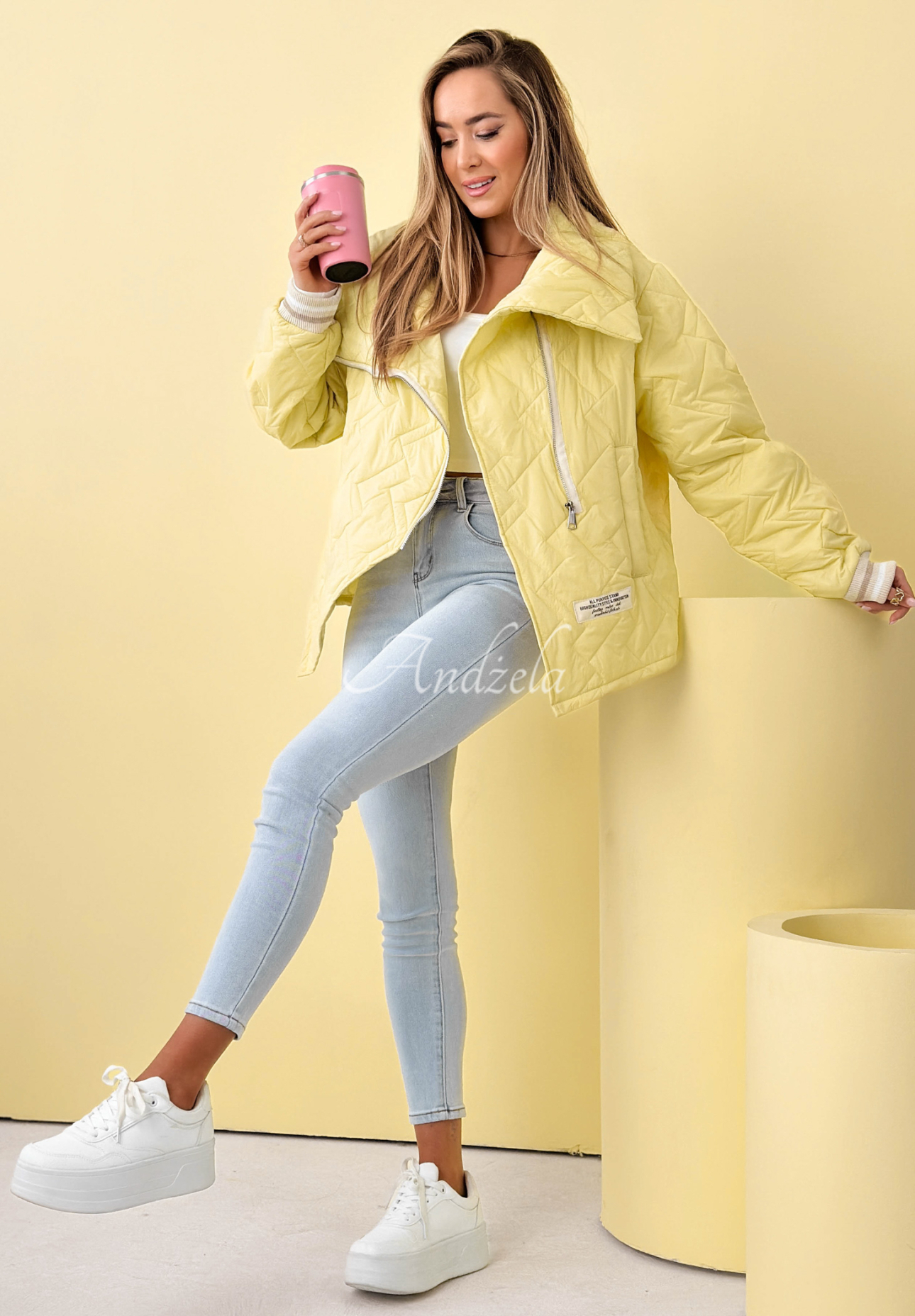 Quilted jacket with collar Where Are We yellow