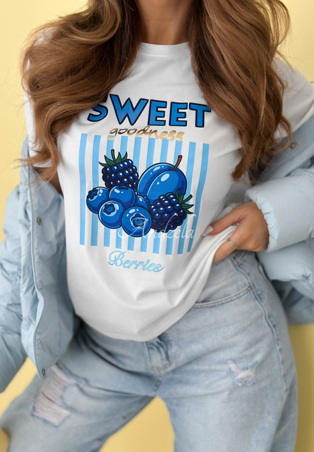 Cotton T-shirt with Sweet Goodness print, white and blue