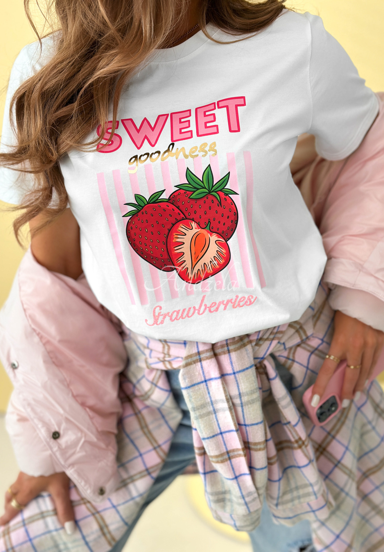 Cotton T-shirt with Sweet Goodness print, white and pink