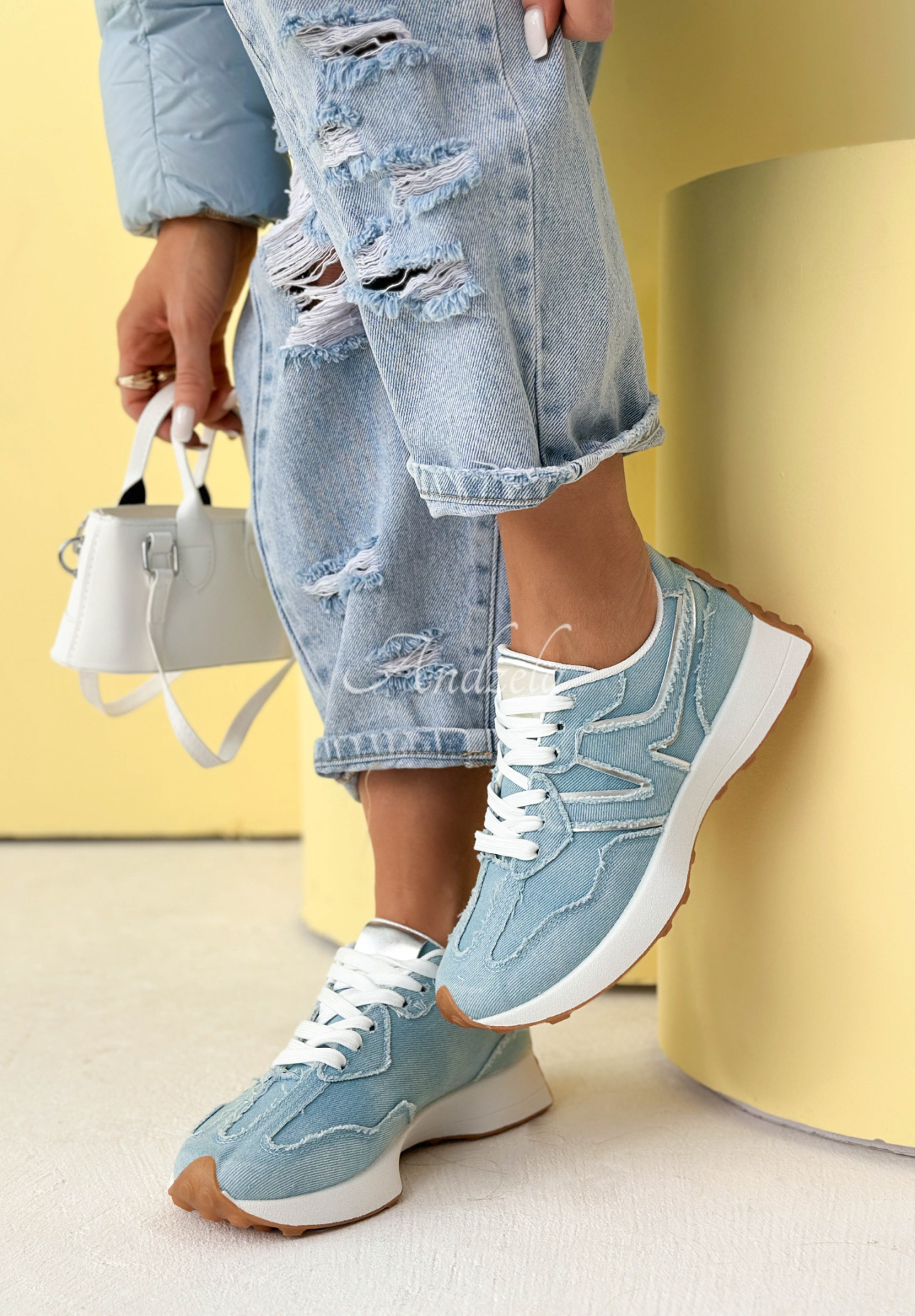 Running Towards You light blue denim sneakers