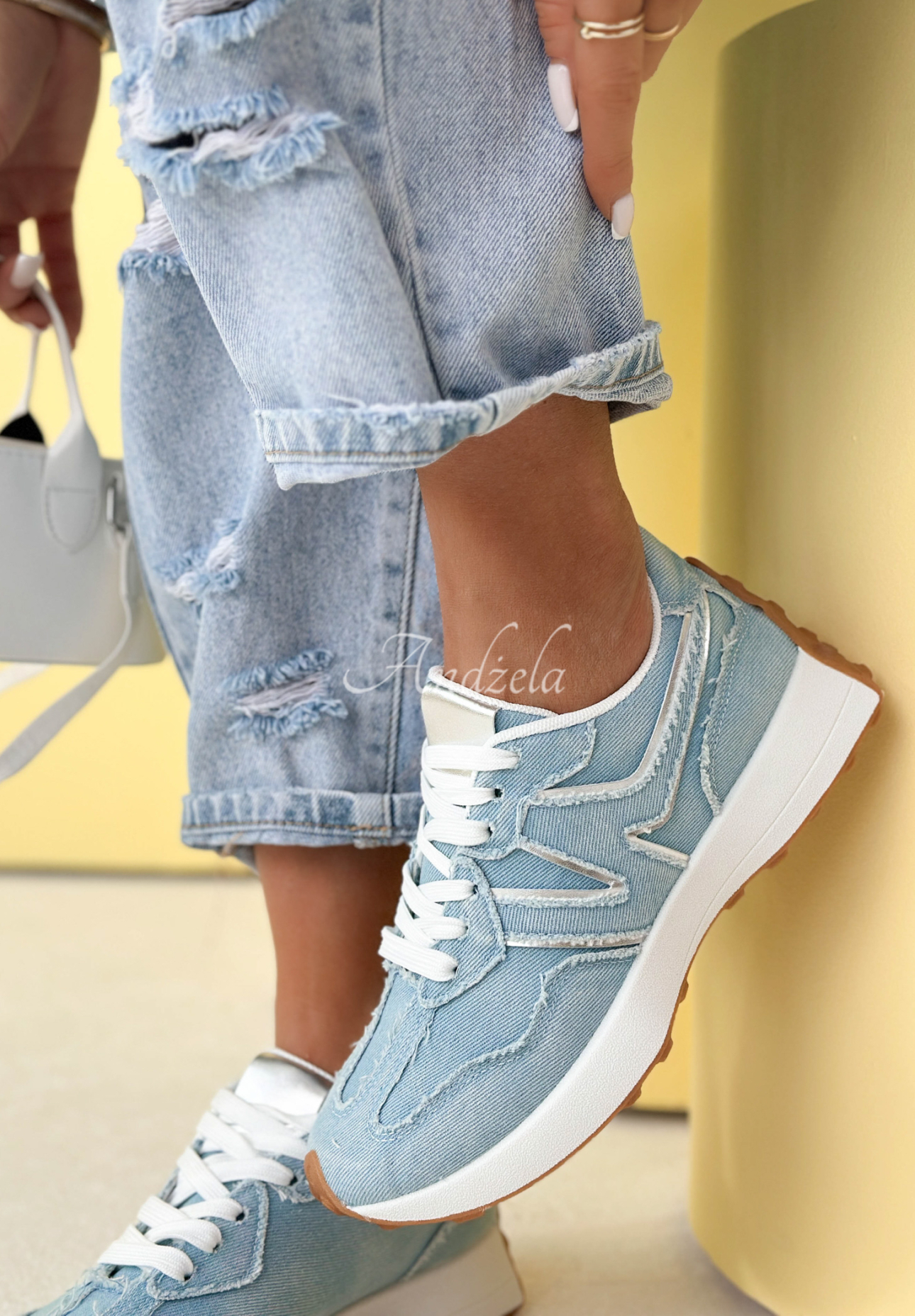Running Towards You light blue denim sneakers