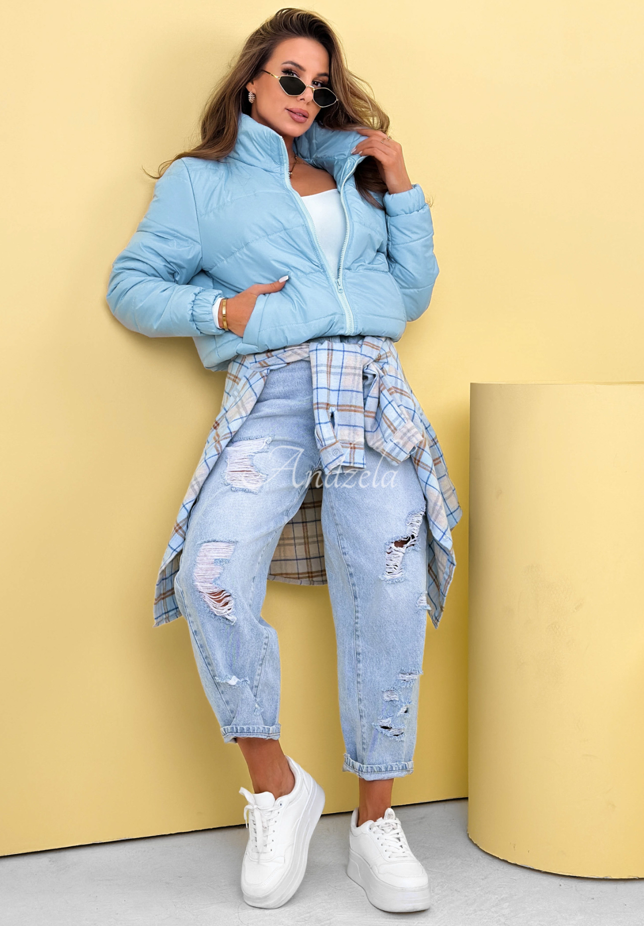 Pikowana kurtka ze stójką Soft Morning błękitna