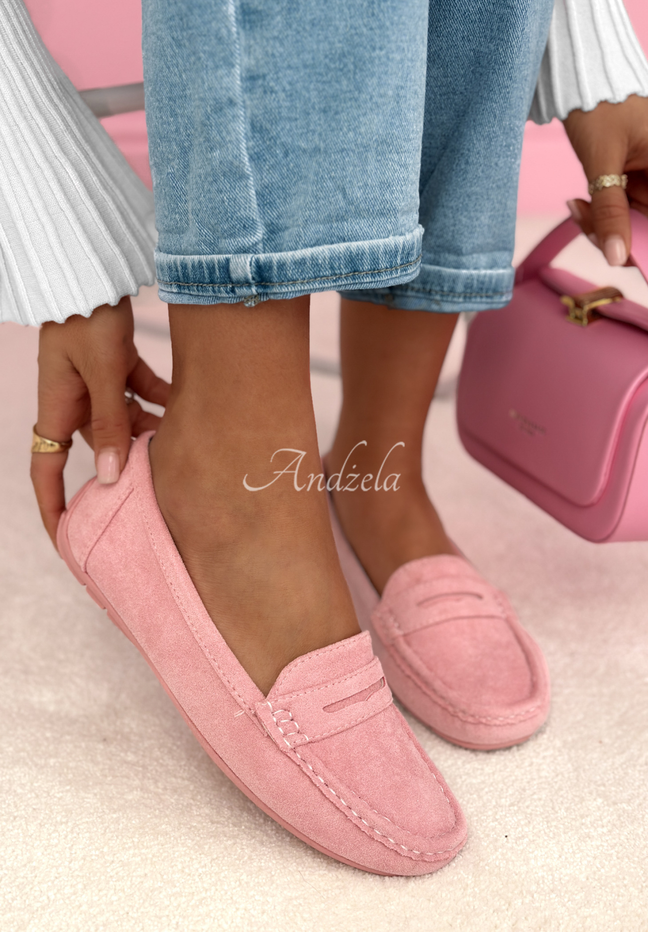 Nadine powder pink suede moccasins